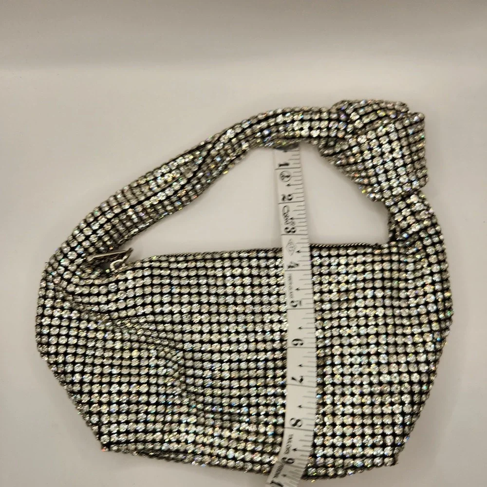 Olga Berg Crystal Mesh Knot Handle Evening Bag Silver Slouchy Clutch Purse Polly